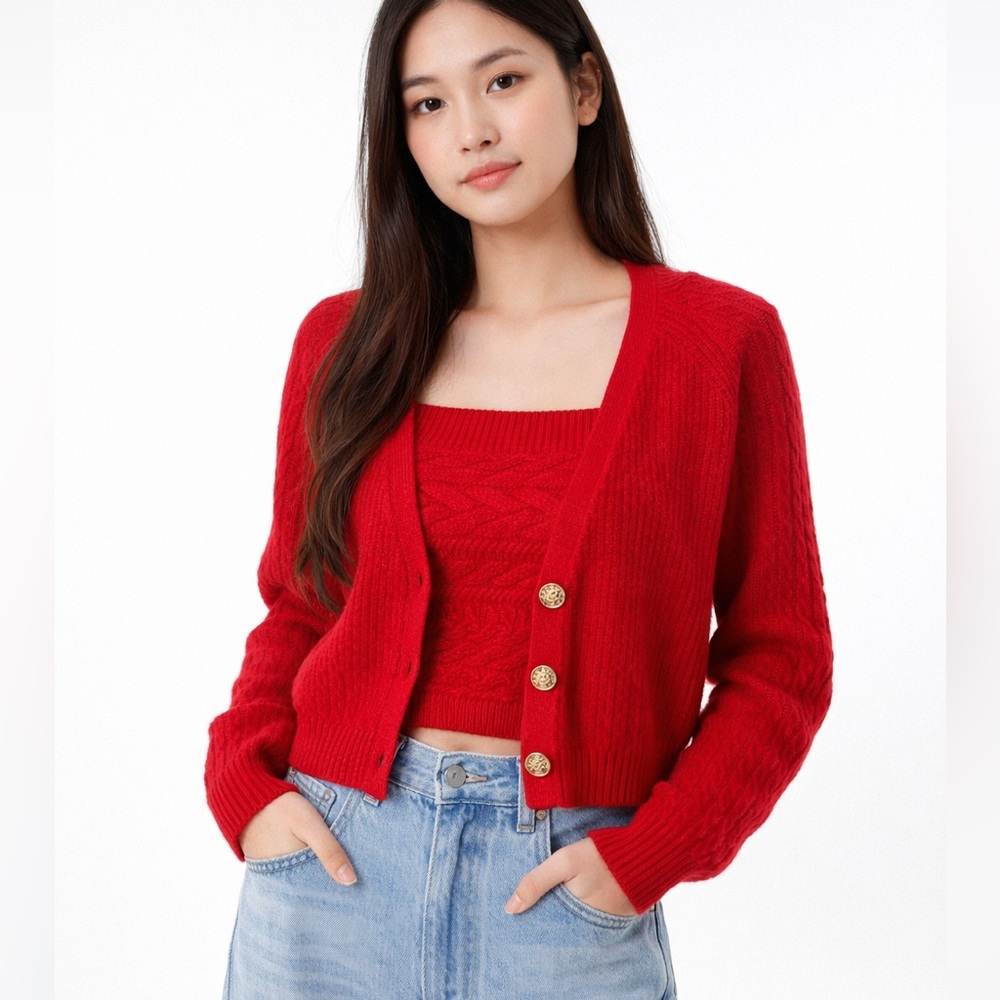 J. Crew Red Sweater Alpaca/Wool Blend Cardigan and Tank